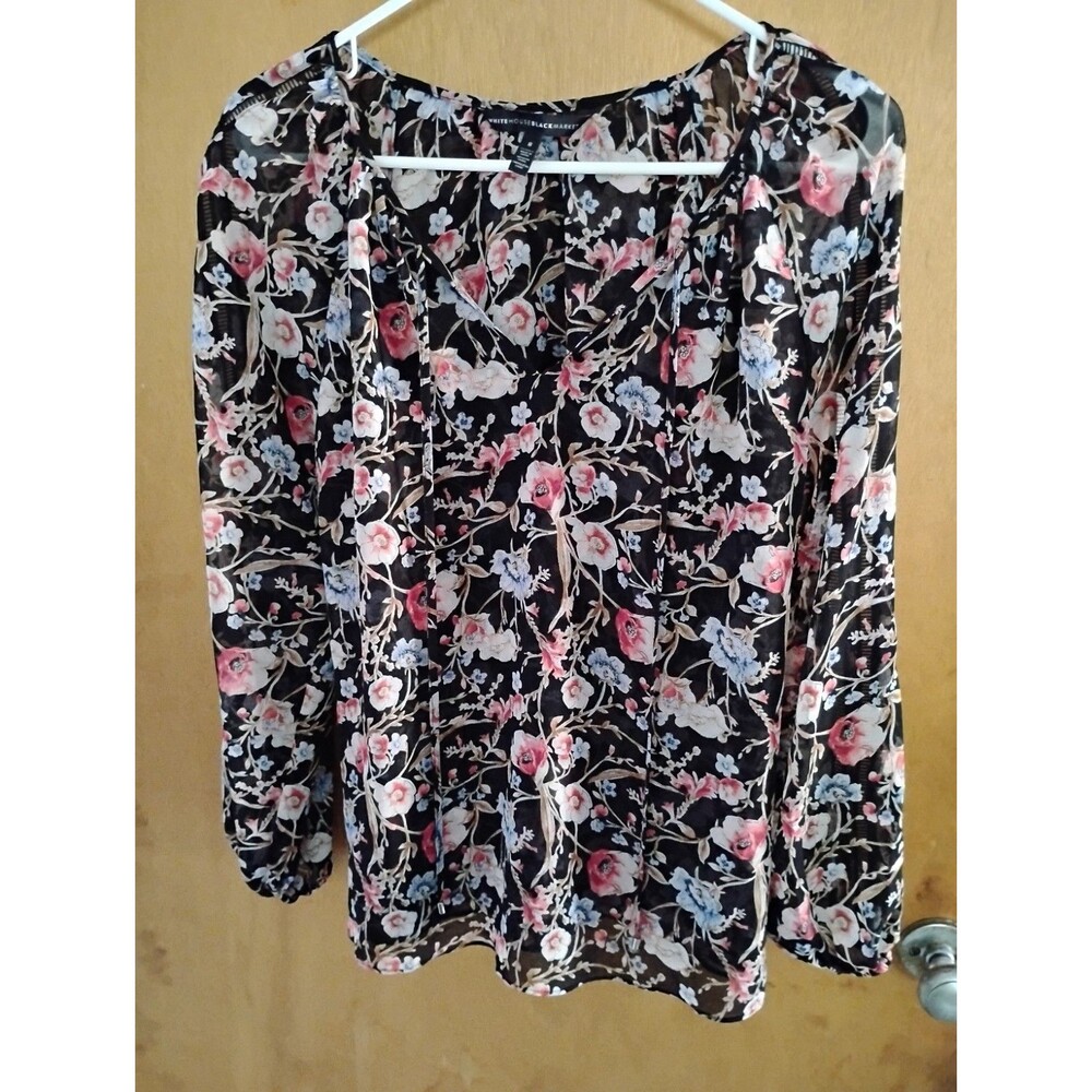 White House Black Market WHBM Black Semi-Sheer Floral Peasant Boho Blouse Size 8